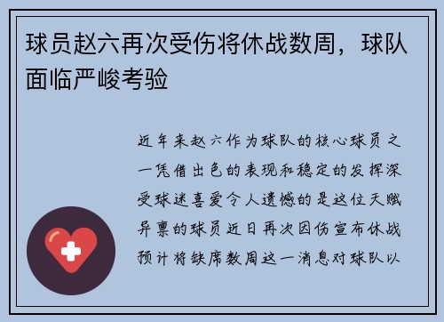 球员赵六再次受伤将休战数周，球队面临严峻考验