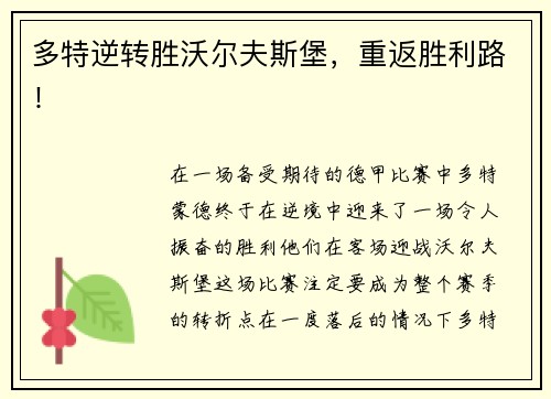 多特逆转胜沃尔夫斯堡，重返胜利路！