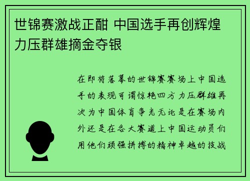 世锦赛激战正酣 中国选手再创辉煌 力压群雄摘金夺银