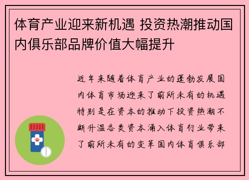 体育产业迎来新机遇 投资热潮推动国内俱乐部品牌价值大幅提升