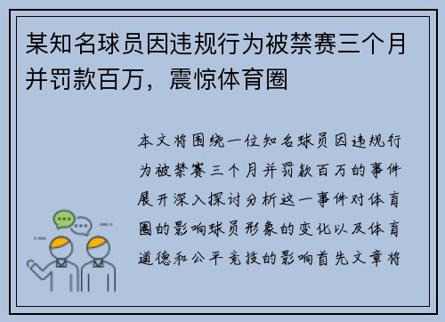 某知名球员因违规行为被禁赛三个月并罚款百万，震惊体育圈