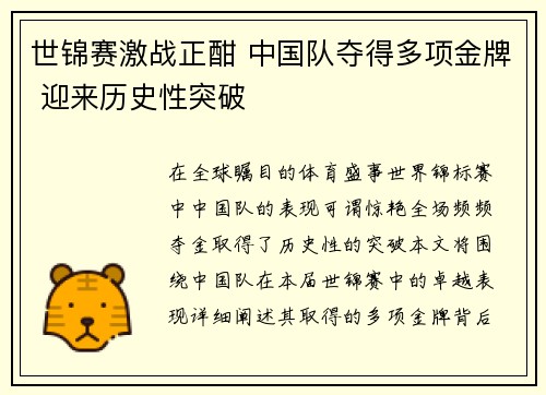 世锦赛激战正酣 中国队夺得多项金牌 迎来历史性突破
